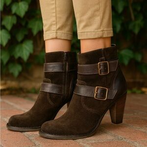 HUDSON LONDON Chocolate Suede Double Buckle Ankle Boots, 8